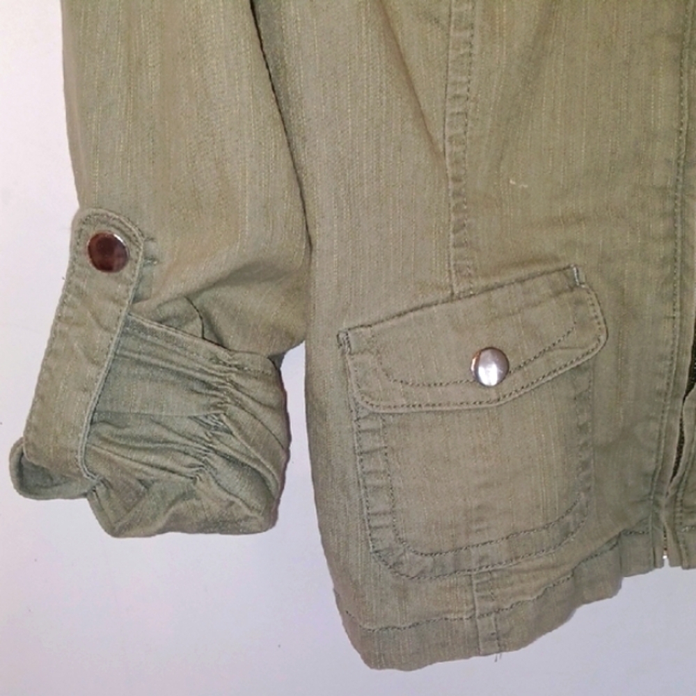Live a Little Army Green Utility Jacket w/ High Collar, M - Picture 6 of 8